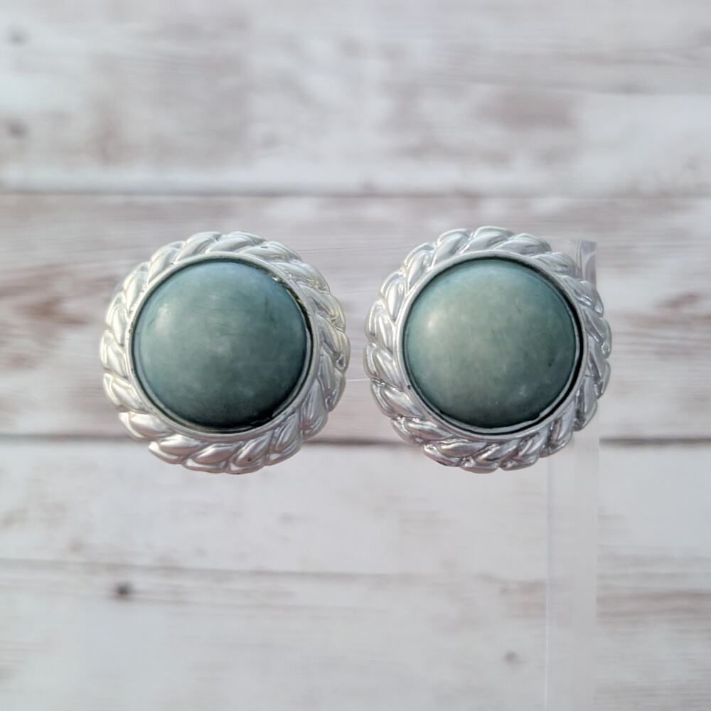 Vintage Clip On Earrings Dusky Green & Silver Tone Statement